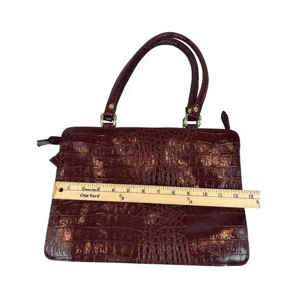 Vintage Burgundy Croc Embossed Leather Handbag Gold Hardware Top Handles Elegant - Picture 12 of 13
